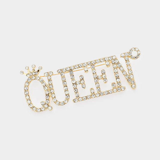 Gold QUEEN Rhinestone Embellished Message Pin Brooch