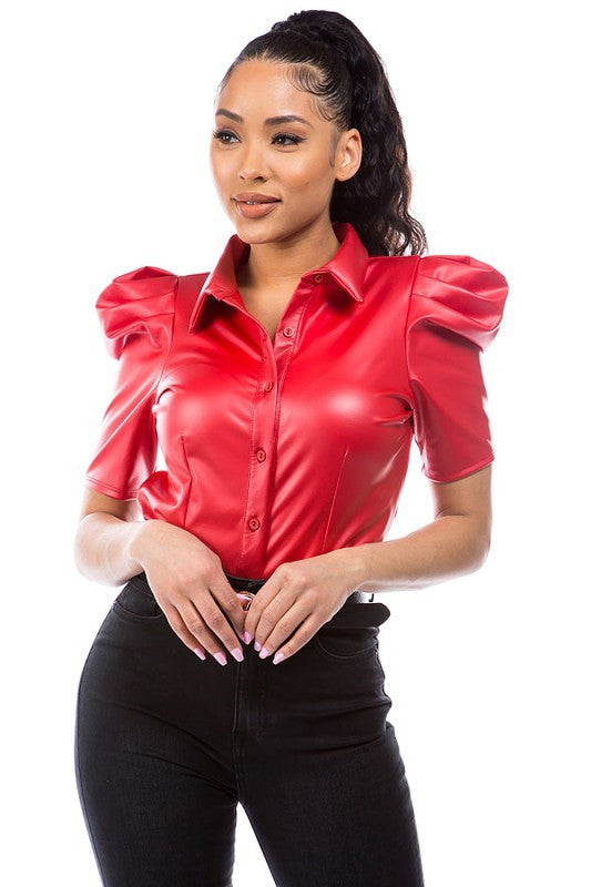 FAUX LEATHER PUFF SLEEVES COLLARED SHIRT