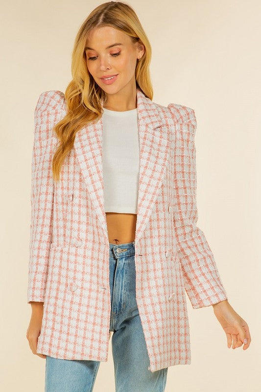 TWEED TEXTURED PLAID DOUBLE BREASTED LONG BLAZER