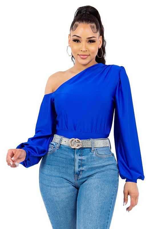 Royal blue off online shoulder top