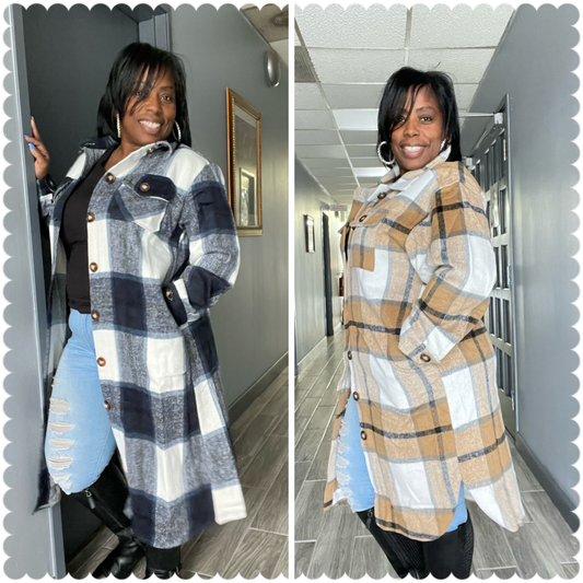 Brushed Flannel Plaid Button Long Coats